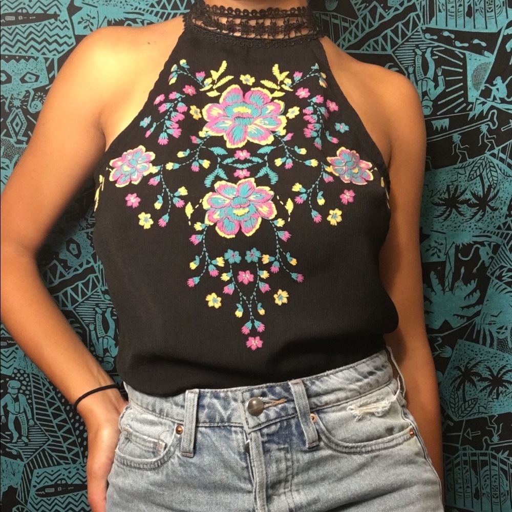 Black floral halter neck blouse